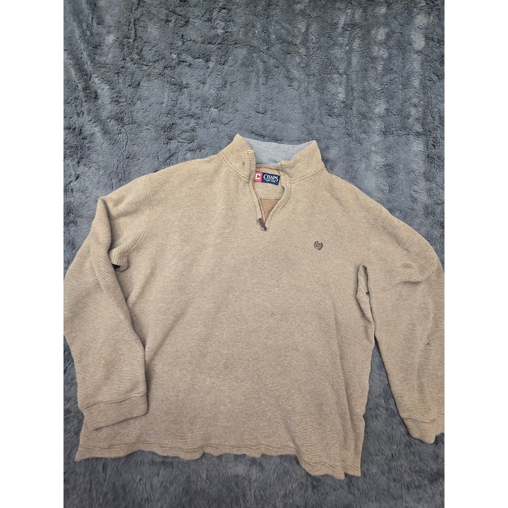 Chaps Mens Large Tan Striped Quarter Zip Pullover Cotton Ribbed Sweater L